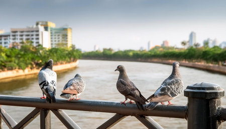 A gathering of pigeons perched on a railing alongside a flowing river.の素材