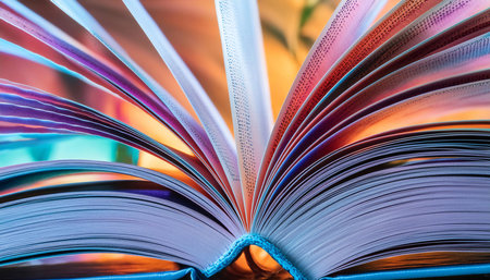 Close up of book pages unfolding a captivating story, emphasizing narrative, imagination, and creativity.の素材