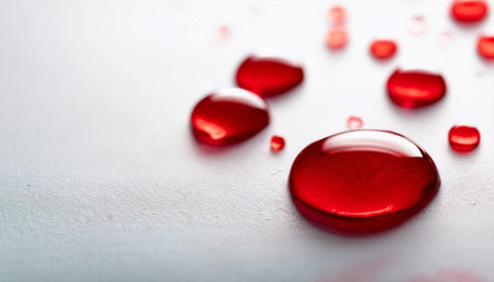 Close up image of blood drops on a white surface, symbolizing health, life, and medicine.の素材