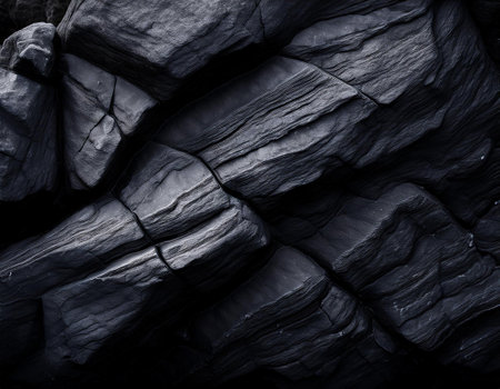 Close-up illustration of a rugged black rock, emphasizing its intricate surface details and natural formations. Suitable for topics related to geology, nature, and outdoor environments.の素材