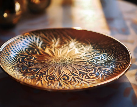 Close-up image of a ceramic plate with intricate design and glossy finish, symbolizing tableware, craftsmanship, and dining elegance.の素材