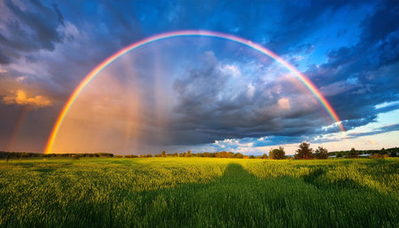 A vibrant image of colorful clouds and a rainbow in the sky after rain, capturing the beauty and freshness of the natural world.の素材
