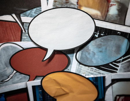 Close up image of a comic strip with speech bubbles, illustrating graphic storytelling, humor, and visual narratives.の素材