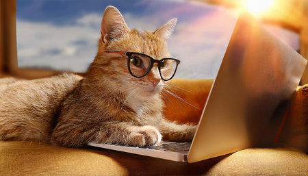A humorous image of a cat wearing glasses while using a laptop on a sofa. This playful shot captures the cat's intelligence and curiosity in a relaxed indoor setting, perfect for adding a touch of fun to tech and pet themes.の素材