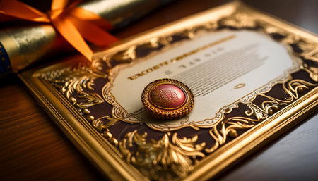 Illustration of a certificate featuring ornate borders, a gold seal, and elegant typography, symbolizing achievement, recognition, and formal acknowledgment. Ideal for topics related to awards, certifications, and achievements.の素材