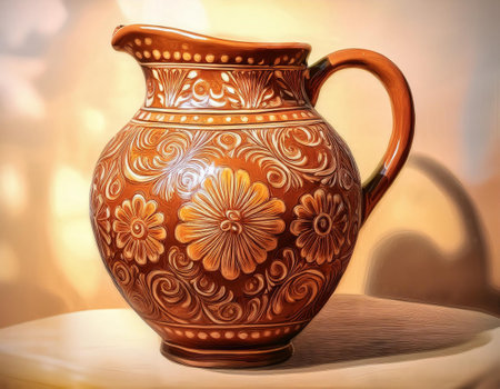 Close-up illustration of a ceramic jug, focusing on its intricate patterns, smooth glaze, and functional design. Ideal for themes related to kitchenware, home decor, and artisanal craftsmanship.の素材