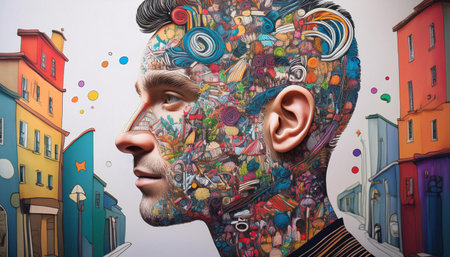 Close-up illustration of whimsical doodles replacing the head in a fun and artistic design. Ideal for topics related to creative expression, unique art, and imaginative design.の素材