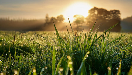 A tranquil early morning scene capturing the soft light of dawn and dew drops on fresh green grass, perfect for conveying a sense of calmness and renewal.の素材