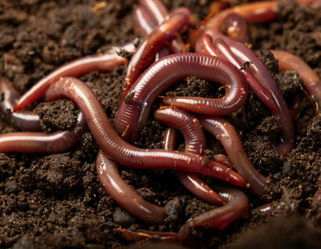 Close-up image of earthworms in soil with natural habitat and organic texture, symbolizing ecology, natural processes, and soil health.の素材