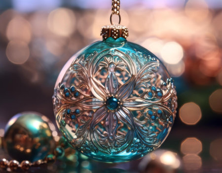 Close-up image of a glass ornament with intricate design and a sparkling finish, symbolizing elegance, decoration, and festive occasions.の素材