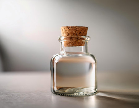 Close-up image of a glass bottle with a cork stopper and minimalistic design, symbolizing simplicity, storage, and eco-friendly packaging.の素材