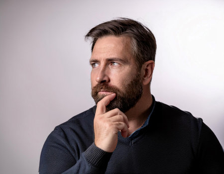 Close up image of a person making a choice, illustrating decision making, contemplation, and resolution.の素材