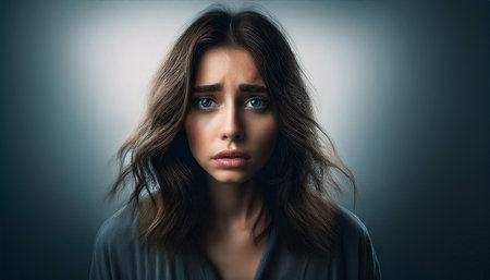 A three-dimensional depiction of a young adult overwhelmed with grief, staring ahead with a look of confusion and sadness. The image reflects the emotional turmoil and psychological stress, highlighting themes of despair, anxiety, and contemplation in the face of mental struggles.の素材