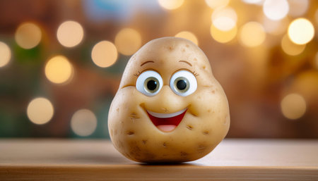 A single potato with a painted-on face, featuring big eyes and a wide smile, is positioned in the foreground of the image. The potato appears to be looking to the right of the frame. The background is a blurred out bokeh effect of warm, golden lights.の素材