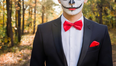 A young man in a black suit and red bowtie stands in a forest, grinning with a wide, toothy smile and wearing dramatic Halloween makeup that includes white foundation, black eyeliner, and red lipstick.の素材