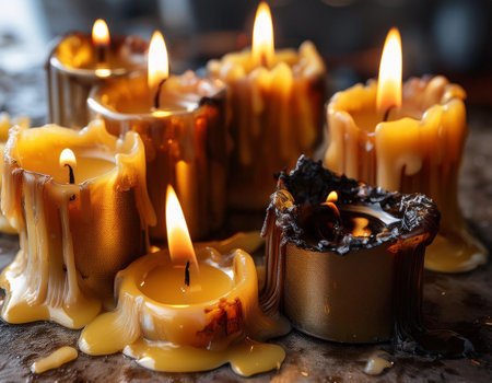 A close-up image of melted burnt candles, focusing on their wax remnants and the effects of burning, capturing the texture and residue of used candles.の素材