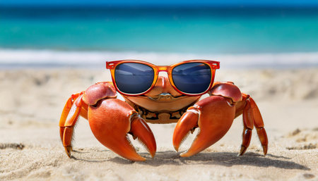 A red crab wearing sunglasses on a sandy beach, perfect for clip art. This caricatured, comic-style crab is a cool and funny addition to beach-themed projects, featuring goggles, a smile, and a playful beach setting.の素材