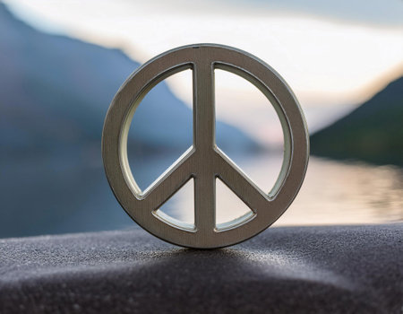 Close up image of a peace symbol on a calm background, representing harmony, tranquility, and unity.の素材