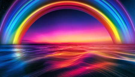 Close-up illustration of a neon rainbow background, showing vibrant colors and glowing effects. Ideal for topics related to vibrant design, colorful visuals, and modern aesthetics.の素材