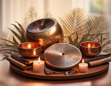 Close-up illustration of sound healing, showcasing therapeutic sounds, meditation tools, and relaxation techniques used for holistic wellness. Ideal for discussions on alternative therapies, meditation practices, and relaxation methods.の素材