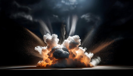 A dramatic and intense image capturing smoke exploding outwards, symbolizing power, impact, and energy in motion.の素材