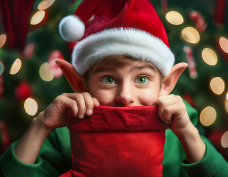 Close-up illustration of Santa's elf peeking out from a Christmas sock, highlighting the playful and whimsical elements of holiday decorations. Ideal for themes involving elves and Christmas cheer.の素材