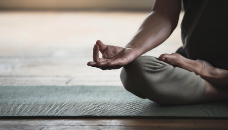 Close up image of a person practicing yoga on a mat, symbolizing wellness, balance, and mindfulness.の素材