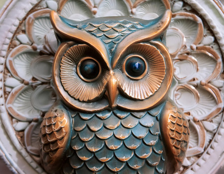 An owl statue symbolizing wisdom and knowledge, emphasizing intelligence, insight, and education.の素材