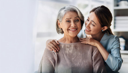 Close-up illustration of a compassionate interaction where a woman is helping an elderly person, focusing on the warmth and care involved. Ideal for topics related to caregiving, support, and community service.の素材