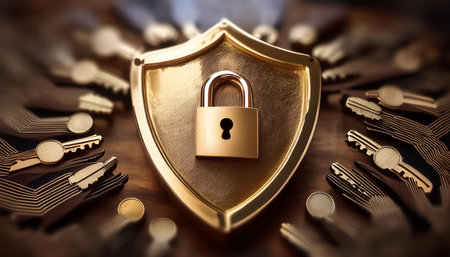 Illustration representing security and protection, featuring symbols like a padlock, shield, and a key symbolizing safety, defense, and secure access. Ideal for topics related to cybersecurity, personal safety, and data protection.の素材