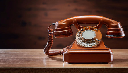 Close up image of a classic telephone on a desk, symbolizing communication, vintage technology, and connectivity.の素材