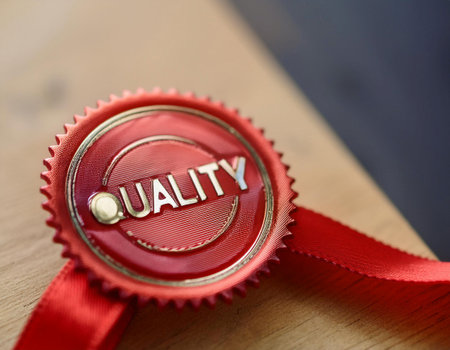 Close up image of a quality seal on a product, symbolizing standards, excellence, and product assurance.の素材