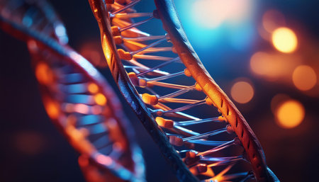 A close-up view of an intricately detailed helix DNA molecule, artistically illuminated by subtle blue and white light. The spiraling strands show the complex arrangement of atoms and molecular bonds, set against a soft-focus background with additional DNA structures, conveying the concept of biological research and genetic engineering.の素材