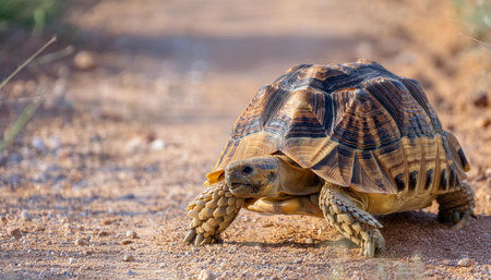 A leopard tortoise walks on a sandy path, its shell patterned with dark brown and yellow markings. The tortoise is in the shade of a tree, casting a long shadow on the ground. The sun is shining brightly, illuminating the scene.の素材