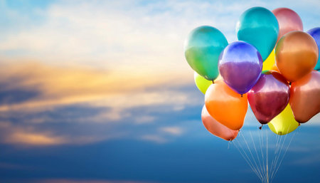 Close up image of a colorful balloon floating in the air, representing celebration, joy, and festivity.の素材
