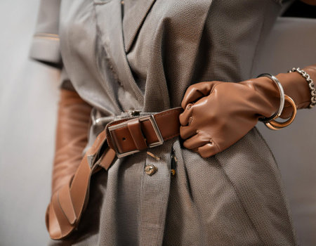 Close up of trendy apparel and fashion accessories, featuring clothing items like a stylish dress, belt, and jewelry, symbolizing fashion, style, and personal expression. Ideal for topics related to fashion, clothing, and personal style.の素材