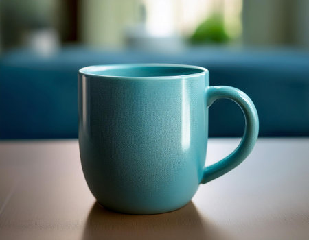 Close-up image of a ceramic mug with a glazed surface and handle, symbolizing coffee, tea, and casual dining.の素材