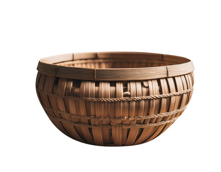 Close-up illustration of a bamboo basket, emphasizing its natural material and craftsmanship. Ideal for themes related to sustainable living, home organization, and eco-friendly products.の素材