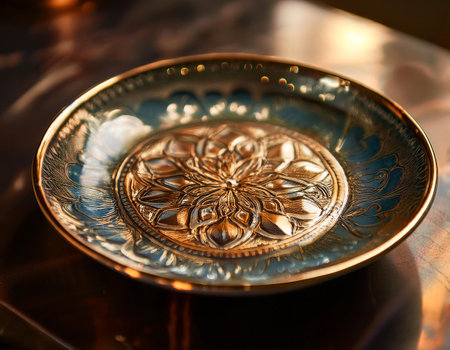 Close-up image of a ceramic plate with intricate design and glossy finish, symbolizing tableware, craftsmanship, and dining elegance.の素材