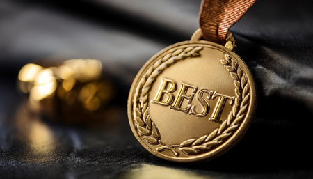 Close up image of a gold medal with the word Best engraved on it, symbolizing excellence, achievement, and success.の素材