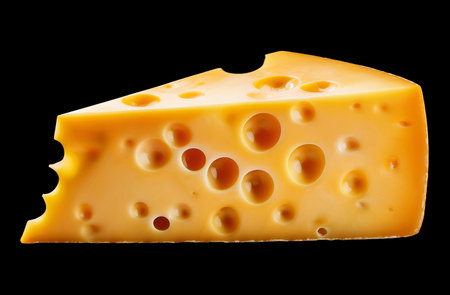 A detailed clip art of cheese isolated on a transparent background, ideal for food-related projects. This horizontal, cut-out image features a slice of aged cheese with visible holes, emphasizing its texture and protein content. Perfect for merchandise and culinary themes.の素材