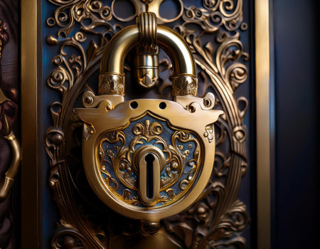 Close-up image of a brass lock with intricate details and a polished finish, symbolizing security, craftsmanship, and classic design.の素材