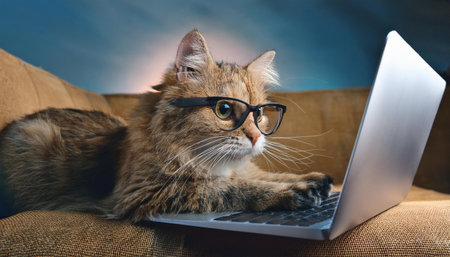 A humorous image of a cat wearing glasses while using a laptop on a sofa. This playful shot captures the cat's intelligence and curiosity in a relaxed indoor setting, perfect for adding a touch of fun to tech and pet themes.の素材