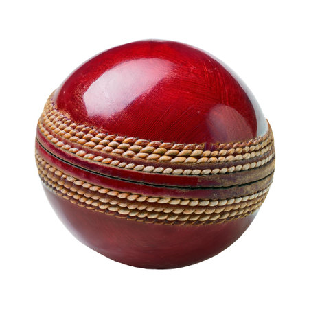 A crisp image of a cricket ball isolated horizontally against a white background. The ball's leather texture and shiny surface, along with its curved shape and shadow, emphasize its use in sports, ideal for designs focused on cricket or sports enjoyment.の素材