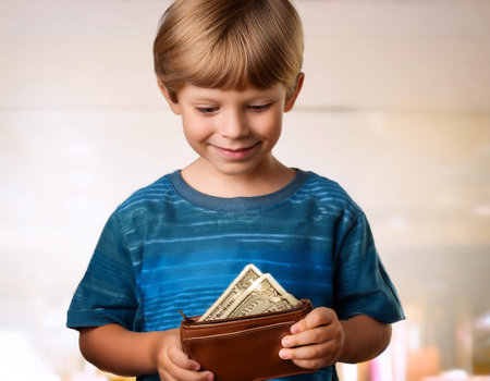 An illustration showing a child holding a wallet, representing early financial literacy and personal finance education. Ideal for content related to teaching kids about money management and saving habits.の素材