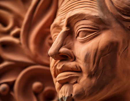 Close-up illustration of a detailed clay sculpture, highlighting its textured surface and intricate craftsmanship. Ideal for topics related to art, pottery, and creative expression.の素材