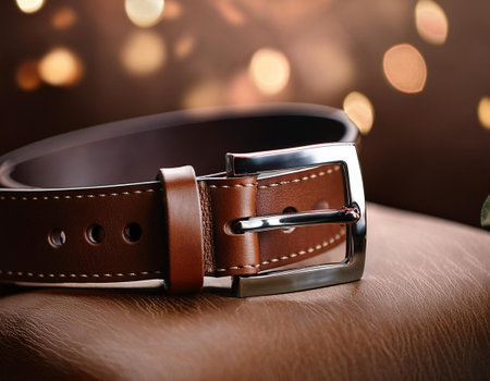 Close-up illustration of a sophisticated leather belt, highlighting its texture, buckle, and craftsmanship. Ideal for themes related to fashion accessories, wardrobe essentials, and high-quality materials.の素材