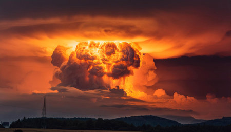 A powerful mushroom cloud rises majestically against a darkening sky, illuminated by fiery oranges and vibrant yellows. Surrounding clouds swirl dramatically, creating a stunning yet ominous backdrop for this explosive phenomenon.の素材