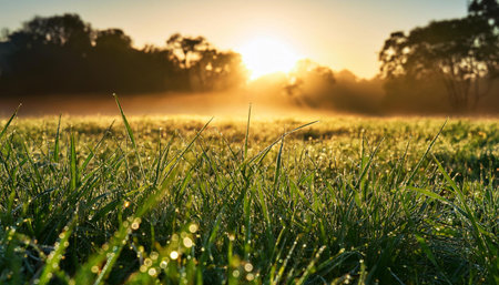 A tranquil early morning scene capturing the soft light of dawn and dew drops on fresh green grass, perfect for conveying a sense of calmness and renewal.の素材