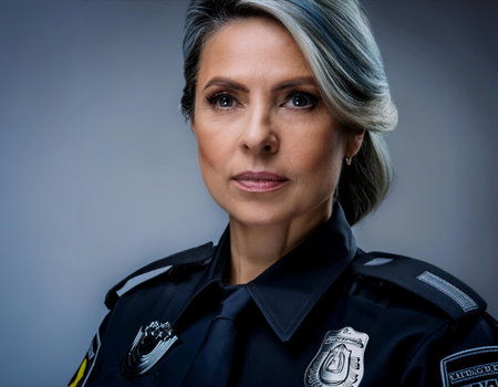 Close up image of a police officer in uniform, symbolizing law enforcement, security, and public service.の素材